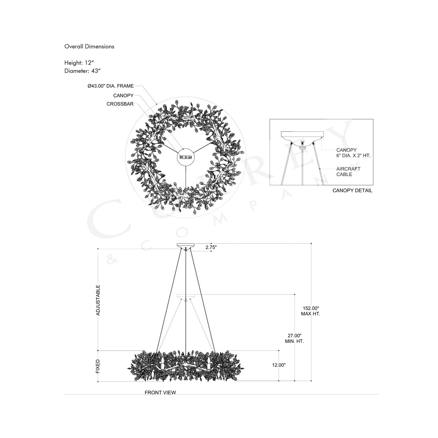 Crystal Bud Ring Chandelier - line drawing.