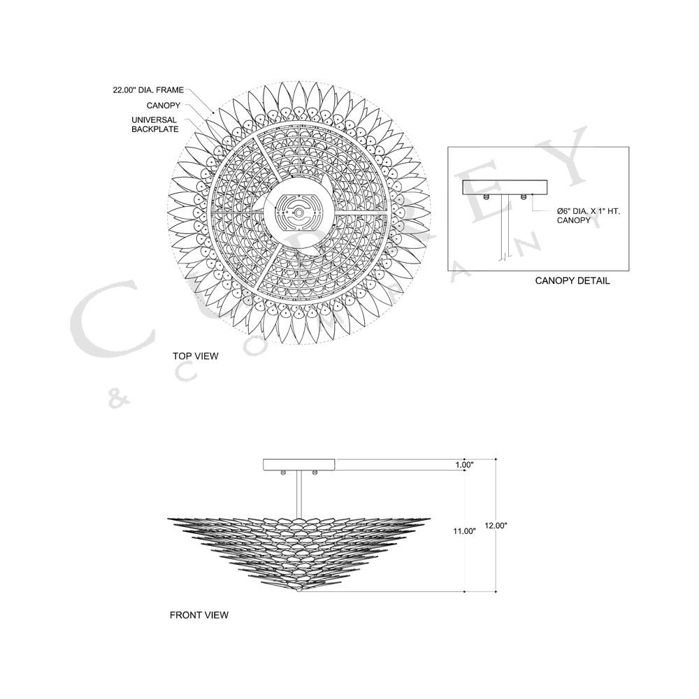 Dahlia Semi Flush Mount Ceiling Light - line drawing.