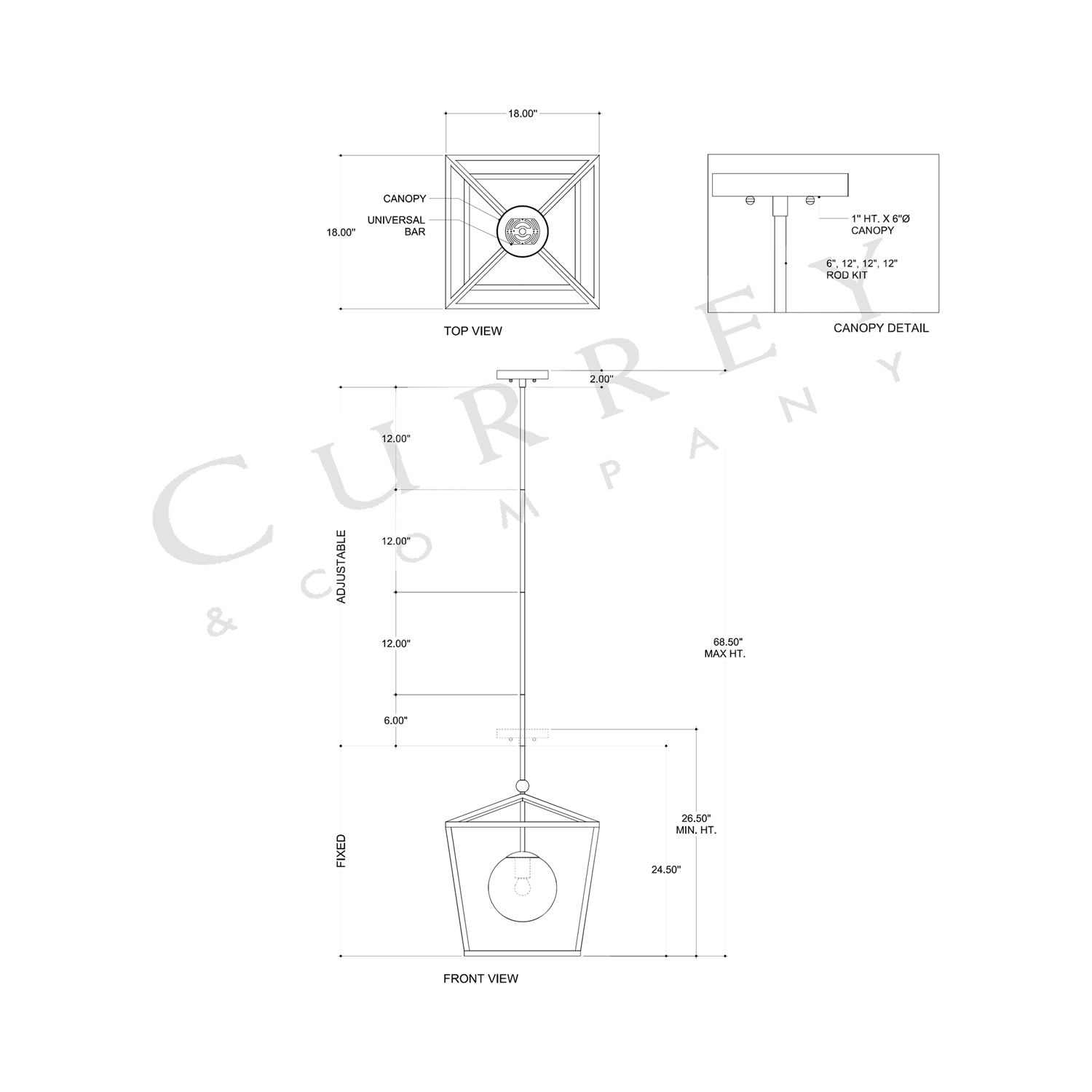 Denison Outdoor Pendant Light - line drawing.