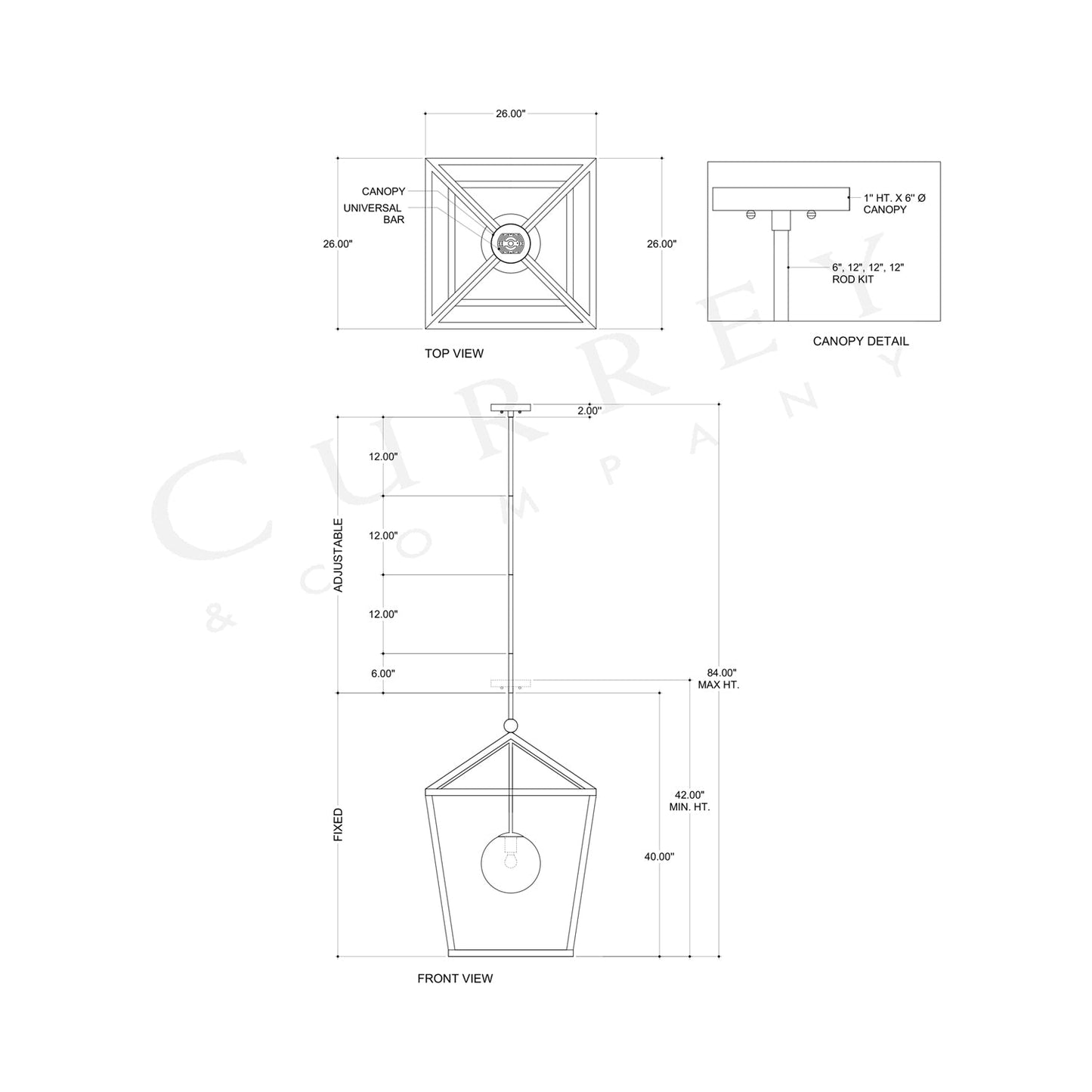 Denison Outdoor Pendant Light - line drawing.