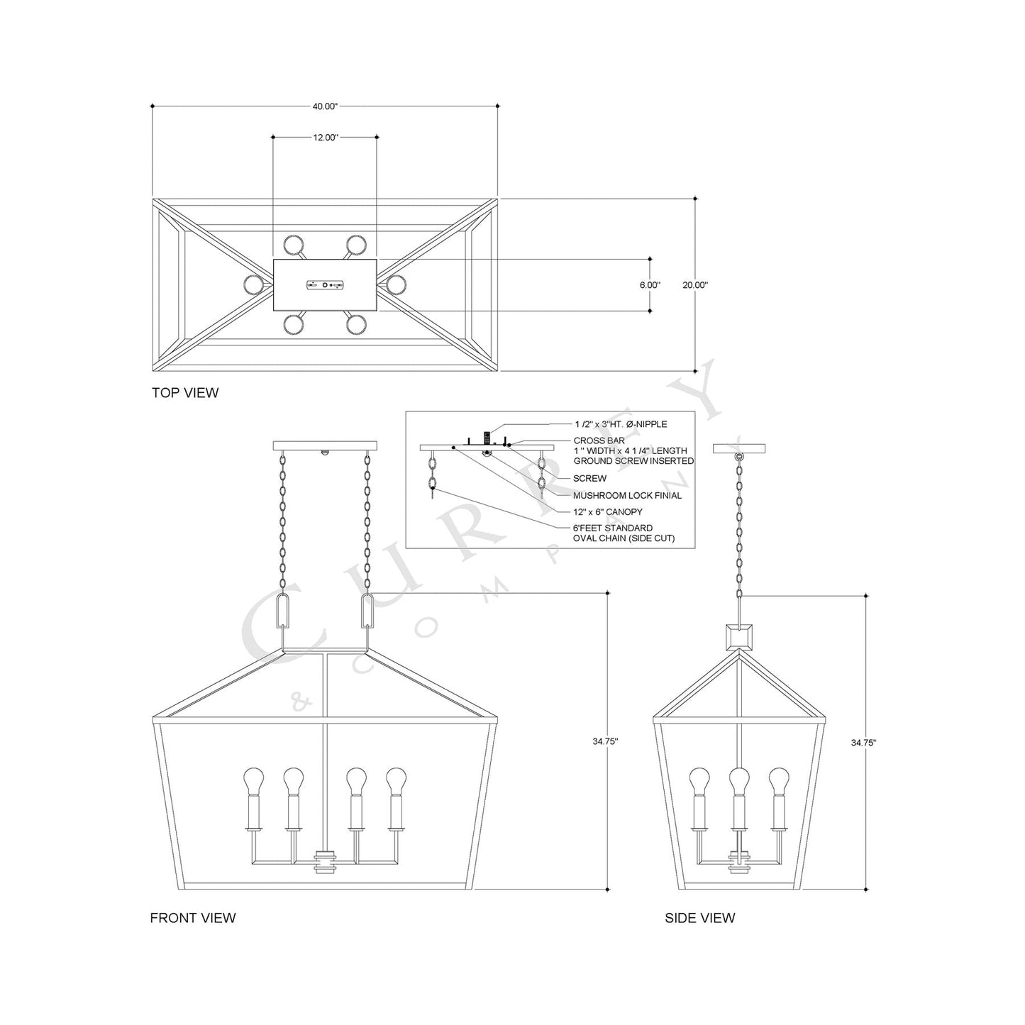 Denison Rectangular Pendant Light - line drawing.