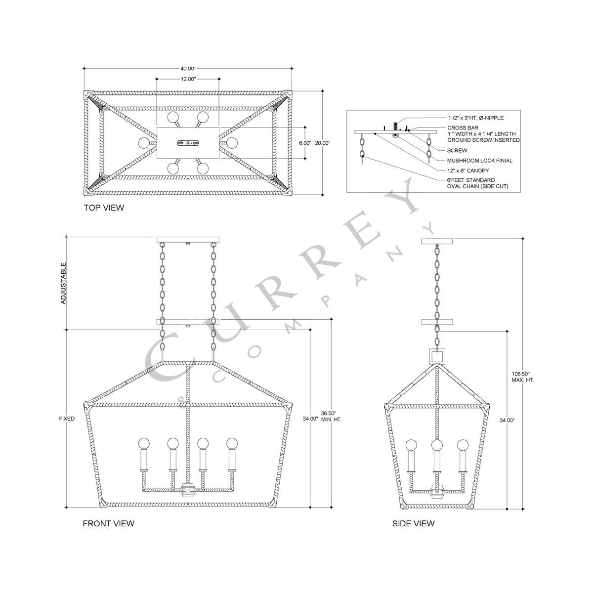 Denison Rectangular Pendant Light - line drawing.