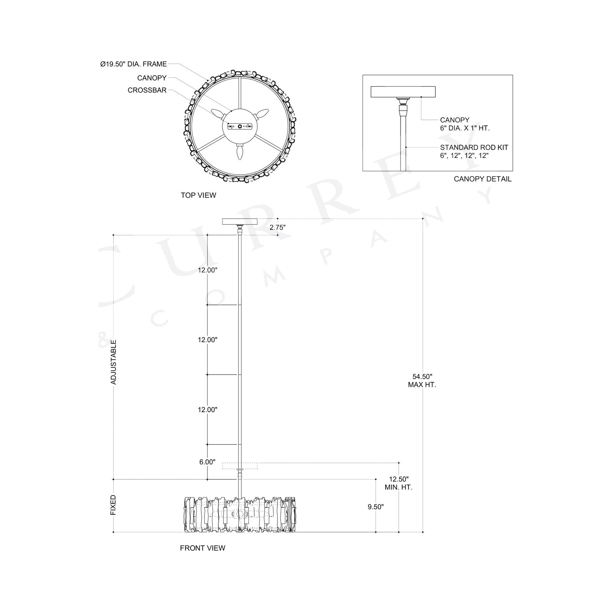 Driftwood Semi Flush Mount Ceiling Light - line drawing.