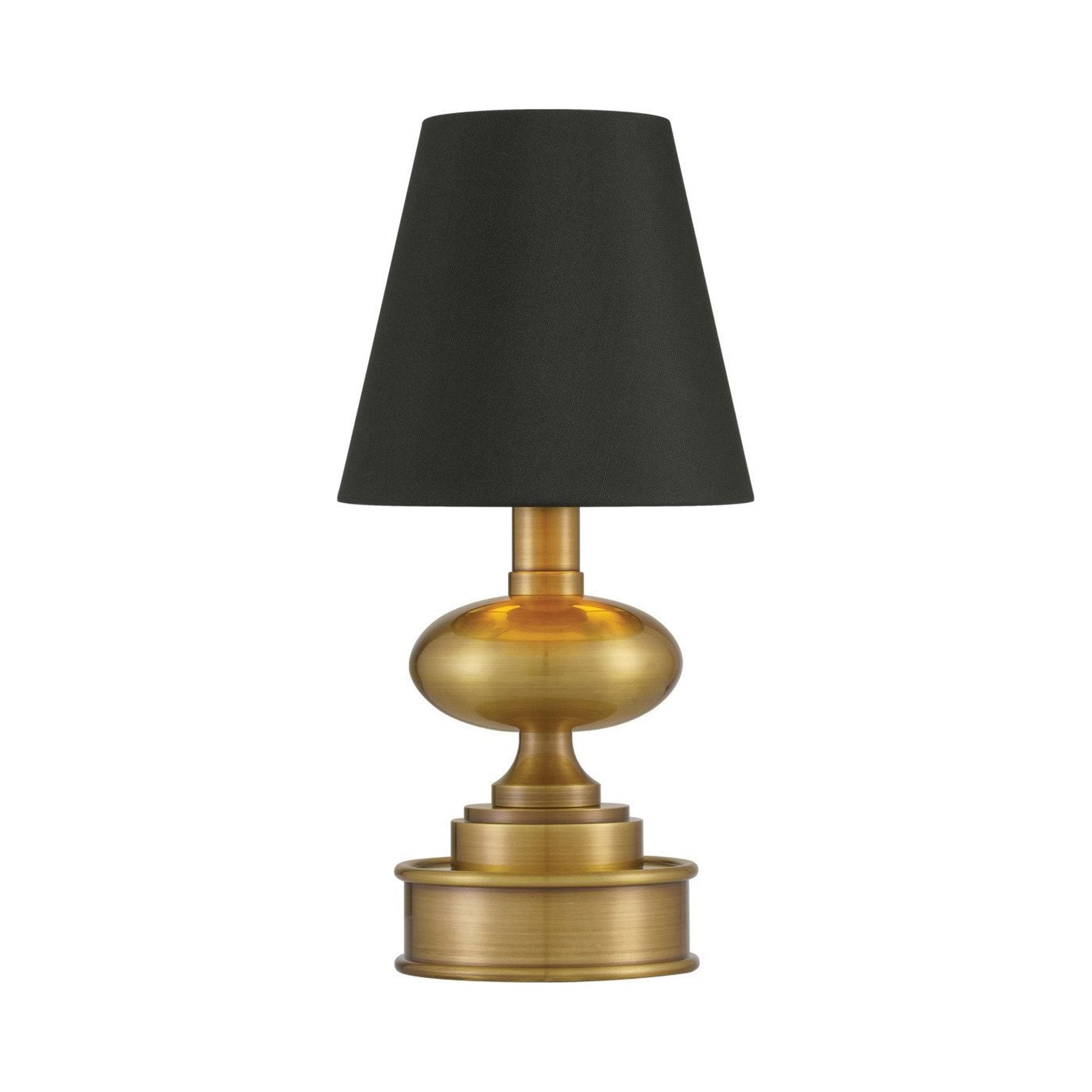 Galavant LED Rechargeable Table Lamp in Polished Antique Brass.