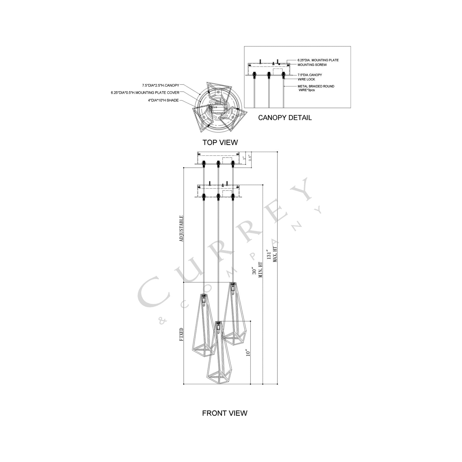 Glace Round Multi Pendant Light - line drawing.
