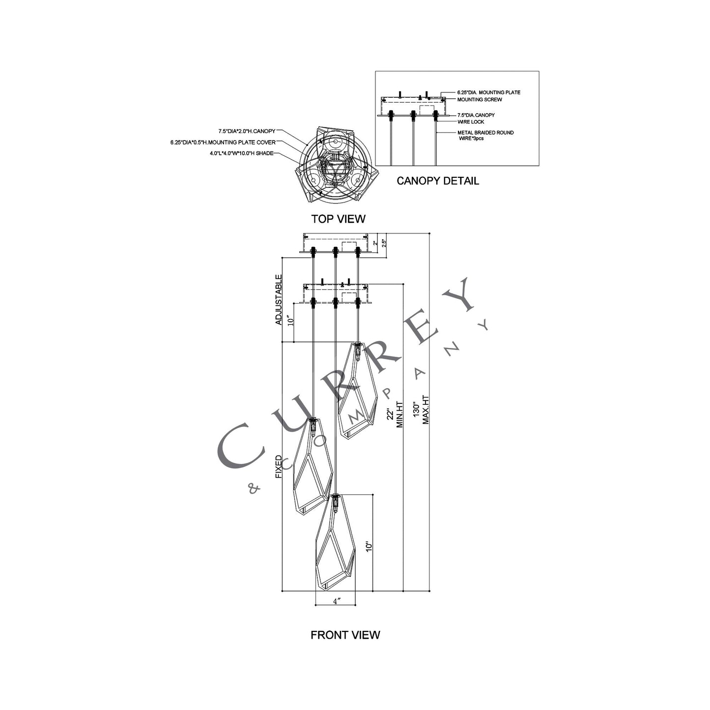 Glace Round Multi Pendant Light - line drawing.