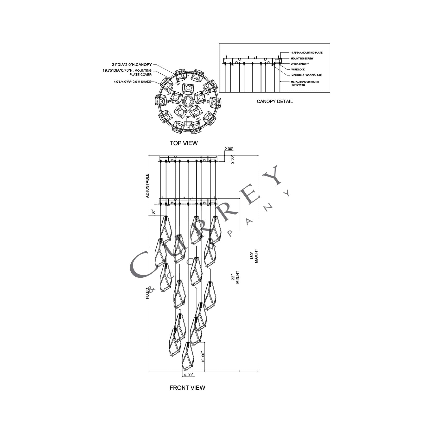 Glace Round Multi Pendant Light - line drawing.