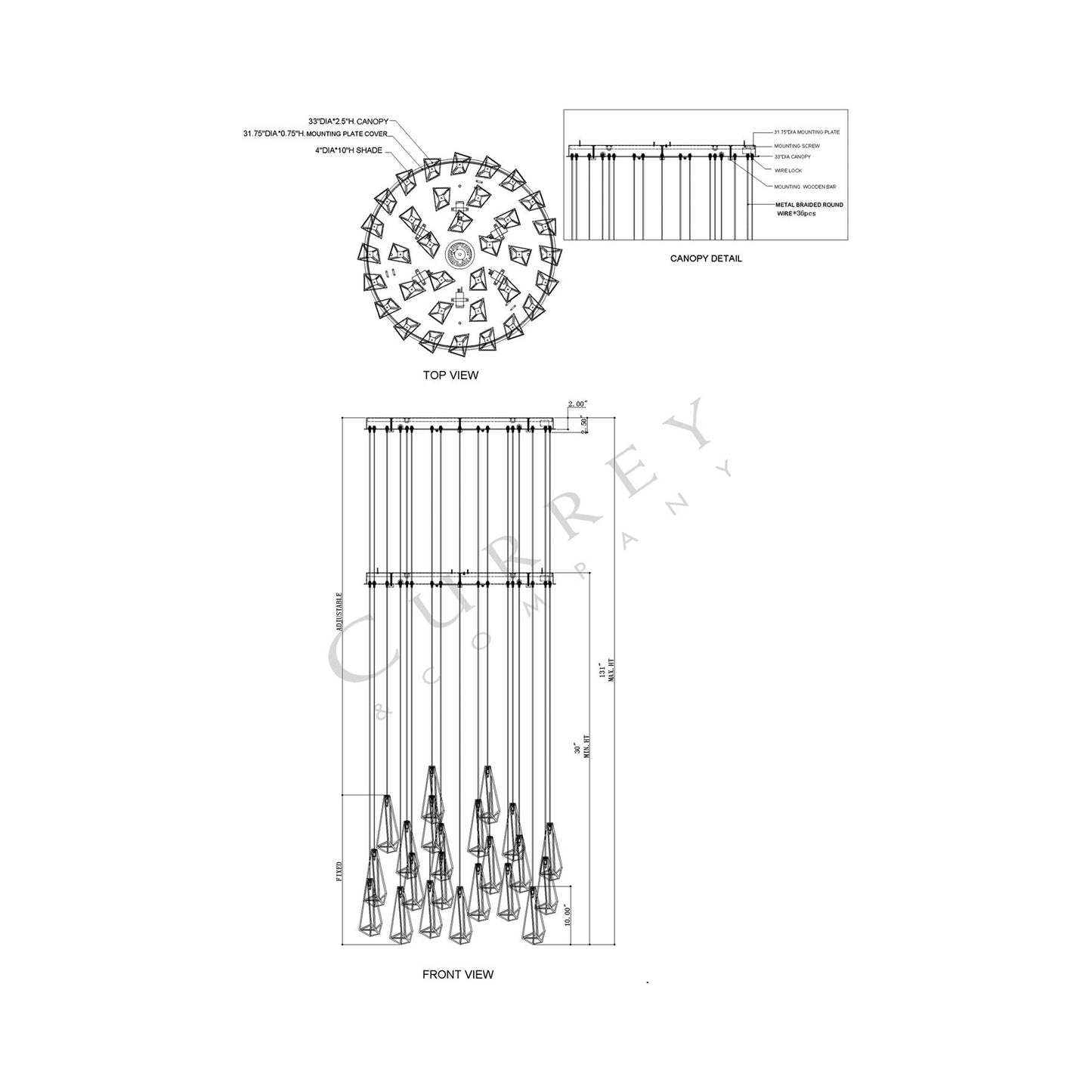 Glace Round Multi Pendant Light - line drawing.