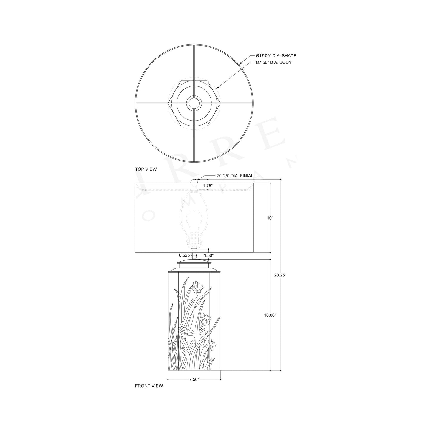 Glasshouse Tole Table Lamp - line drawing.