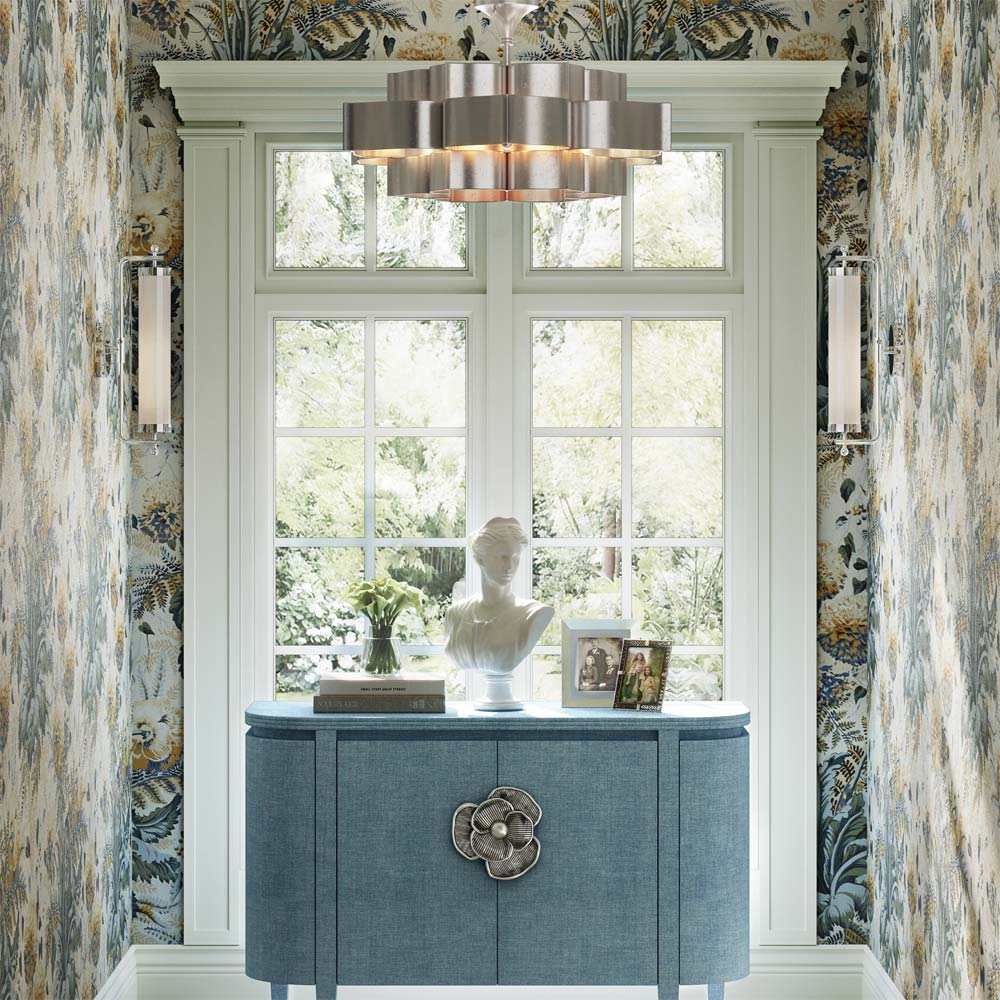 Grand Lotus Chandelier in hallway.