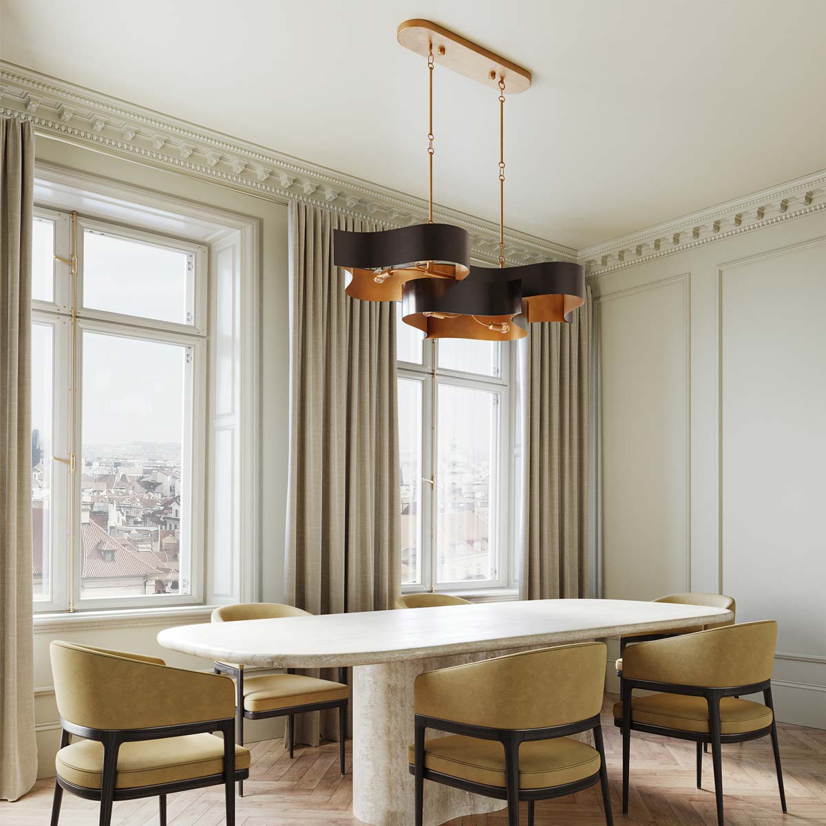 Grand Lotus Linear Pendant Light in dining room.