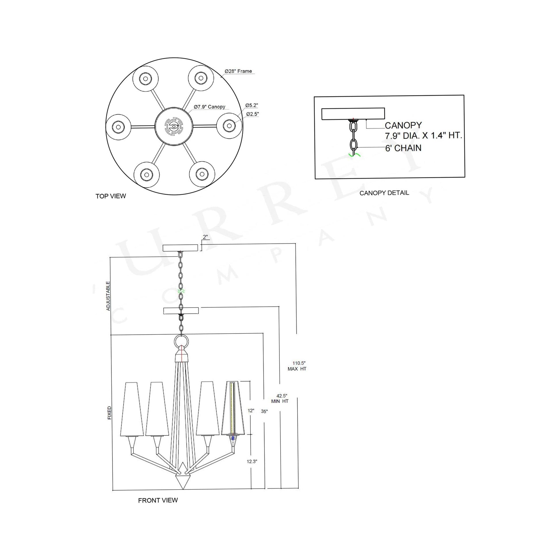 Hennin LED Chandelier - line drawing.