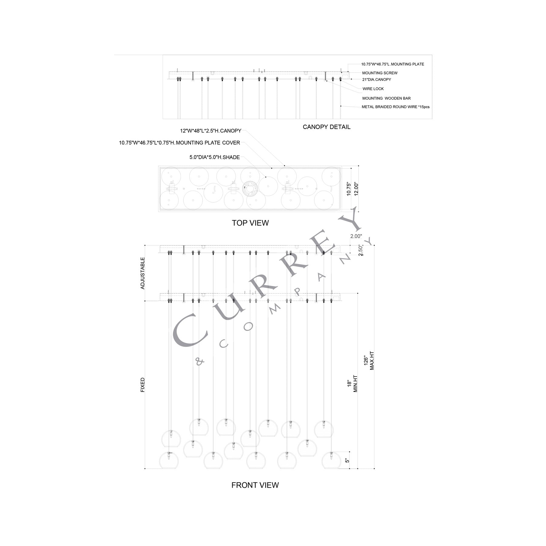 Lazio Linear Pendant Light - line drawing.