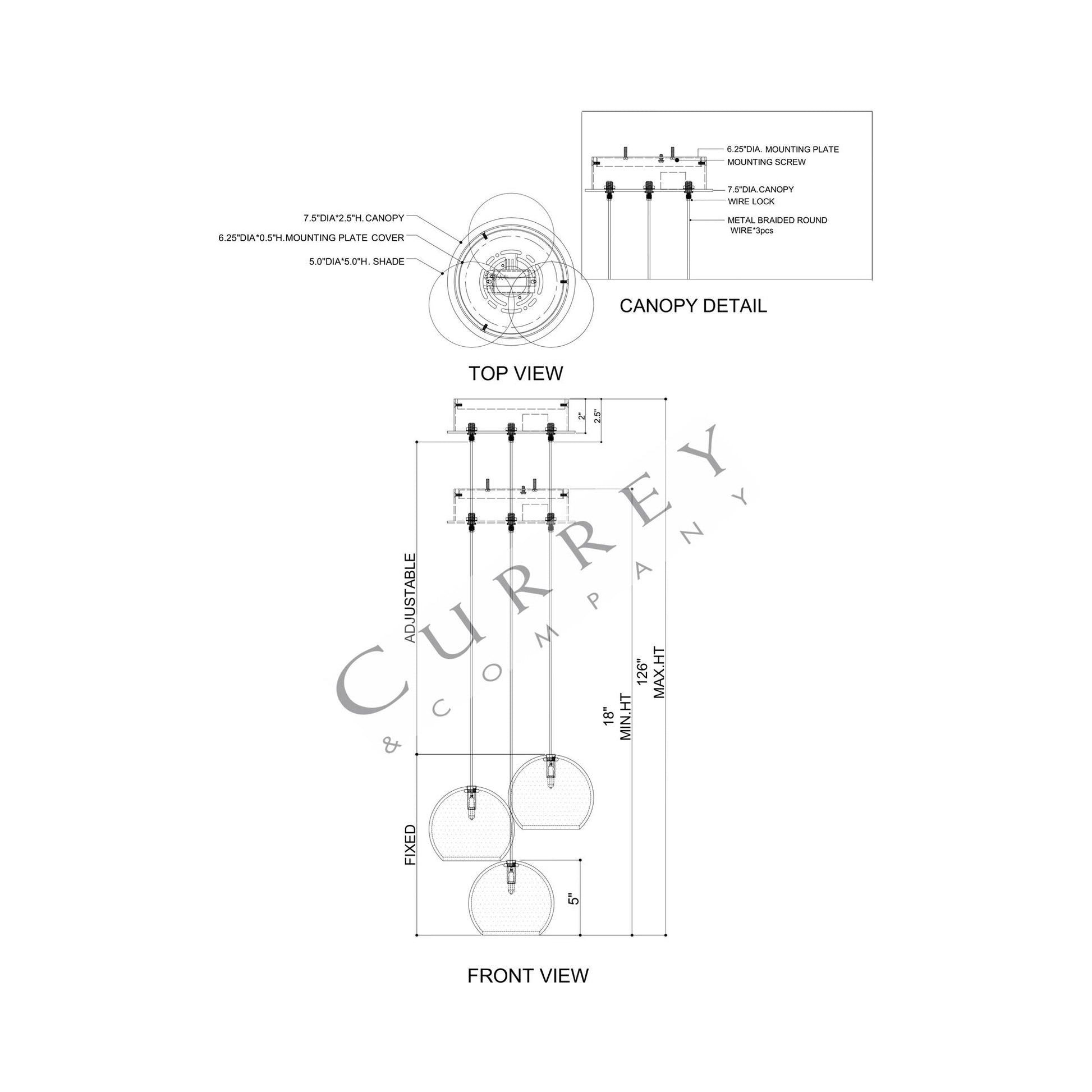 Lazio Round Pendant Light - line drawing.