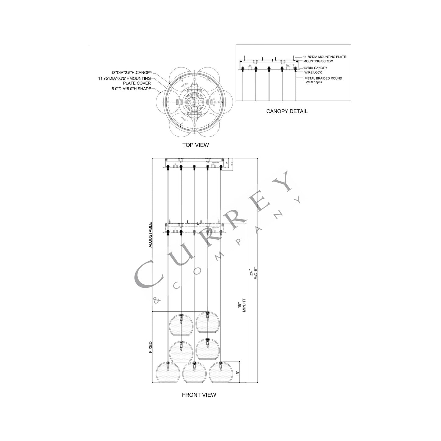 Lazio Round Pendant Light - line drawing.