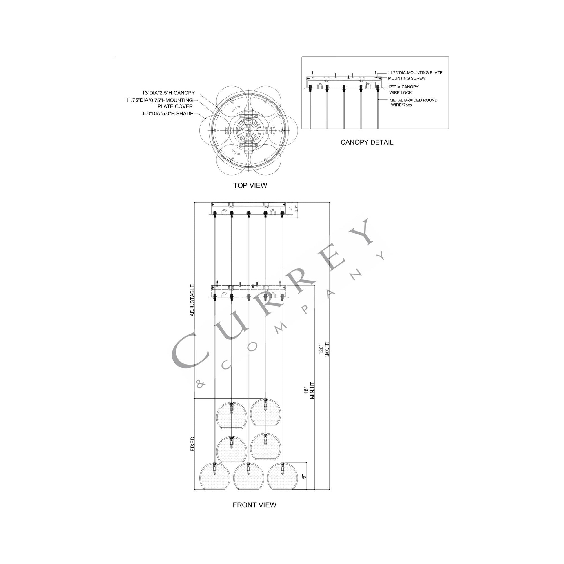 Lazio Round Pendant Light - line drawing.