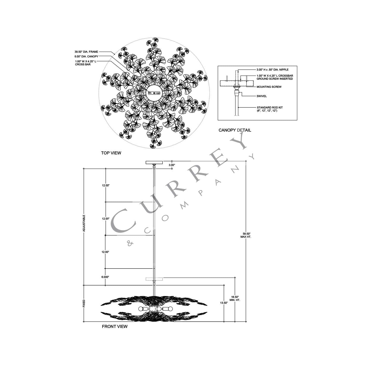 Maidenhair Semi Flush Mount Ceiling Light - line drawing.
