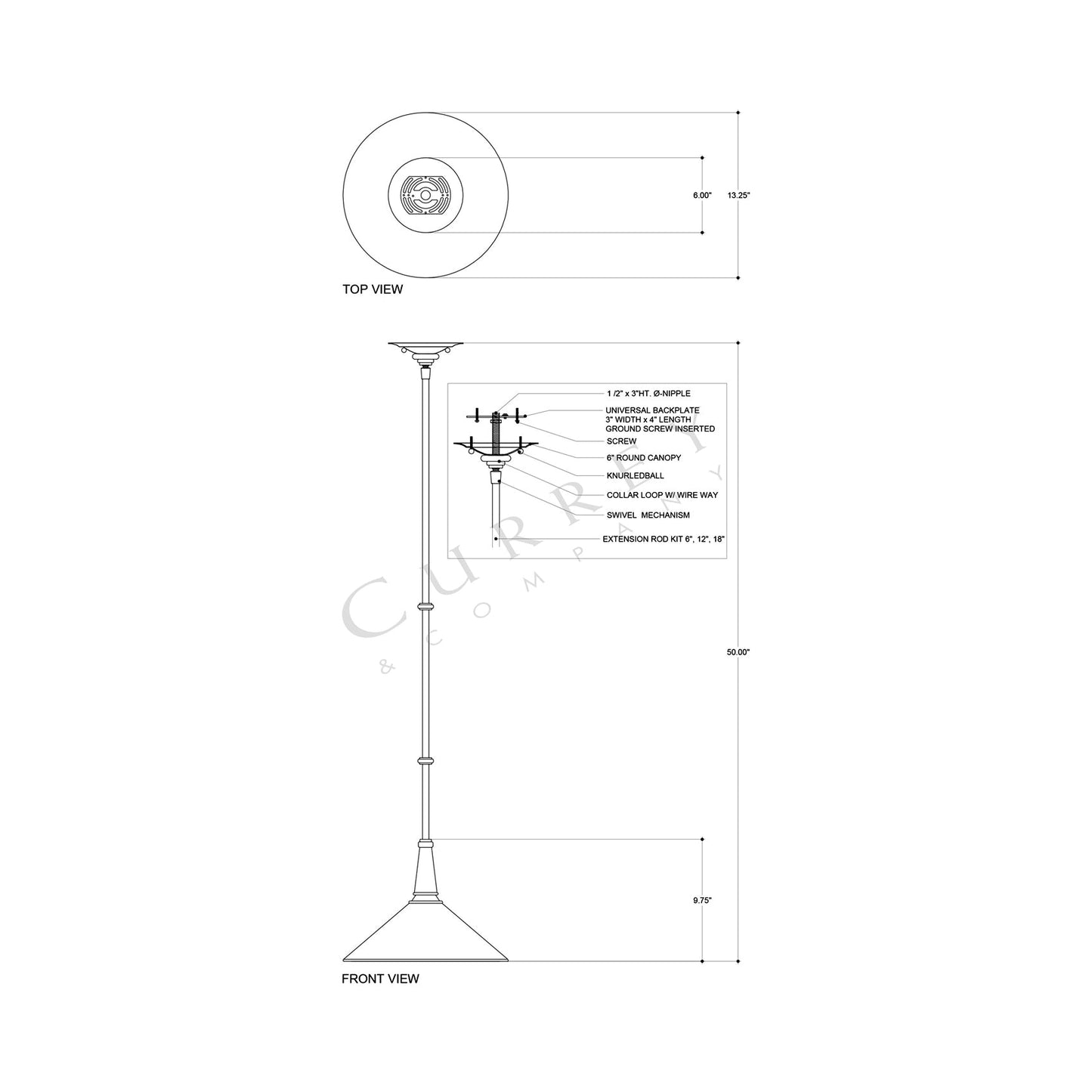 Manuscript Pendant Light - line drawing.