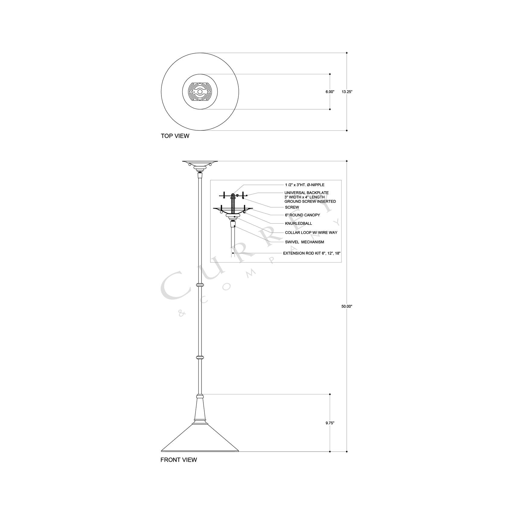Manuscript Pendant Light - line drawing.