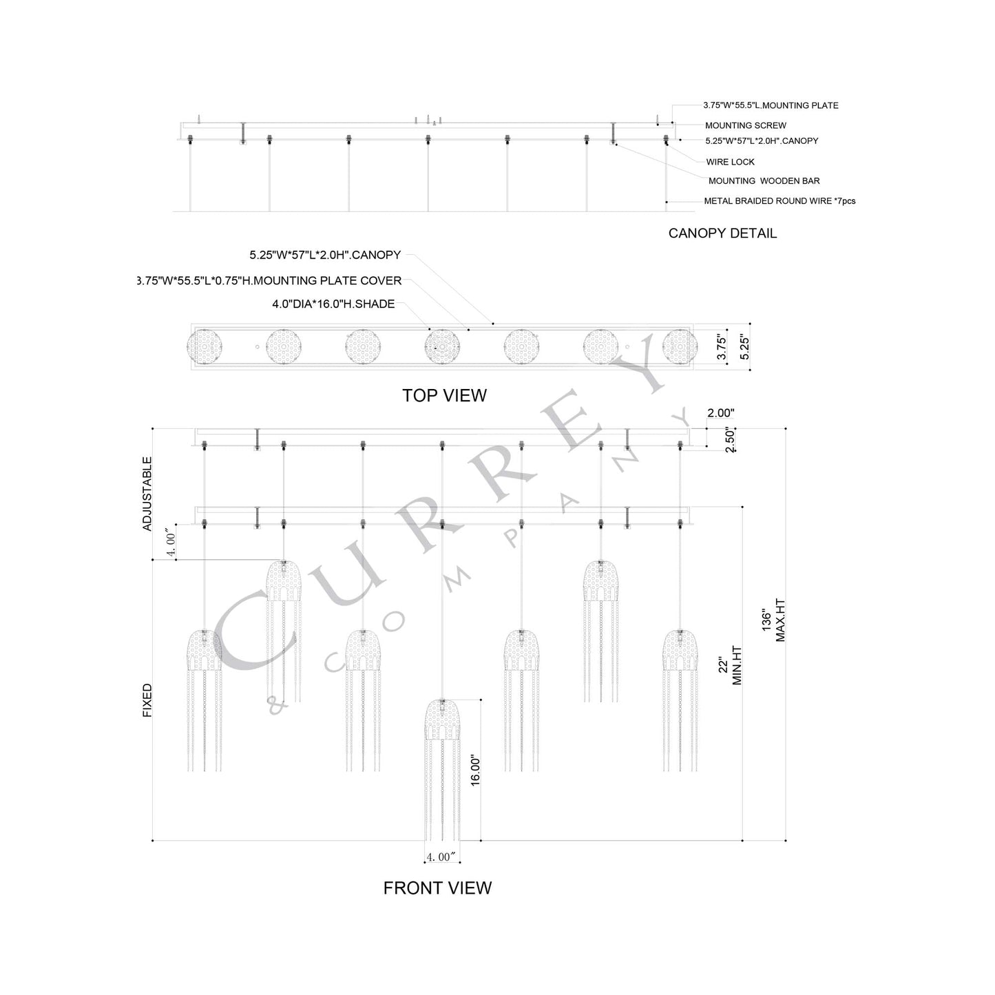 Medusa Linear Multi Pendant Light - line drawing.