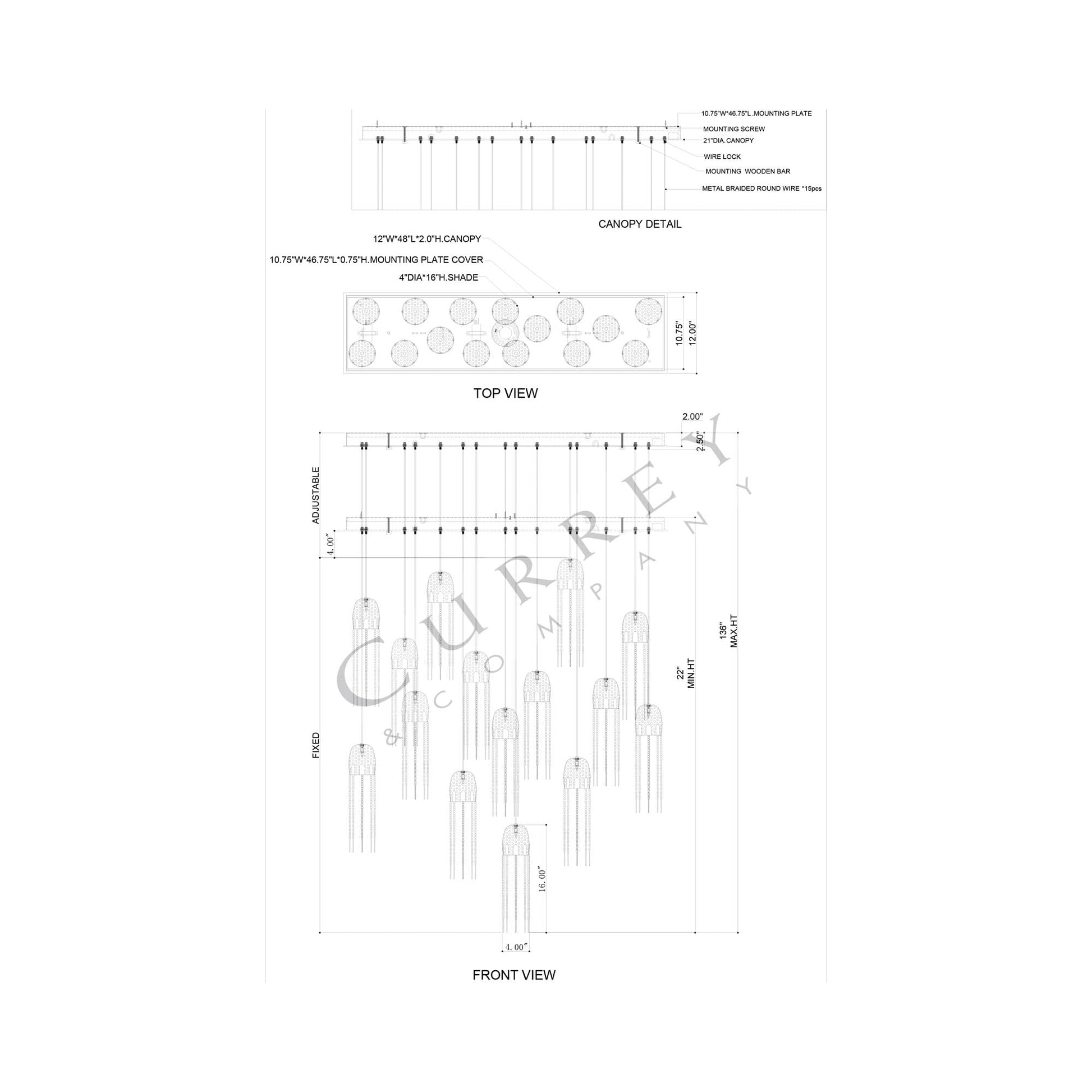 Medusa Linear Multi Pendant Light - line drawing.