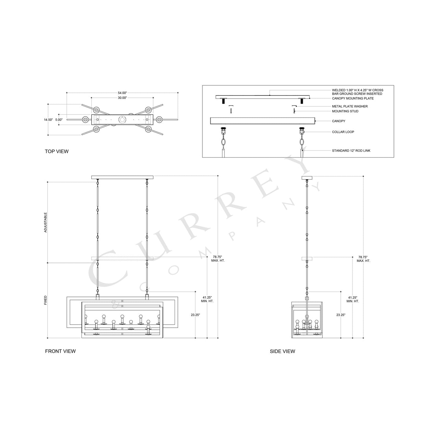Middleton Rectangular Chandelier - line drawing.