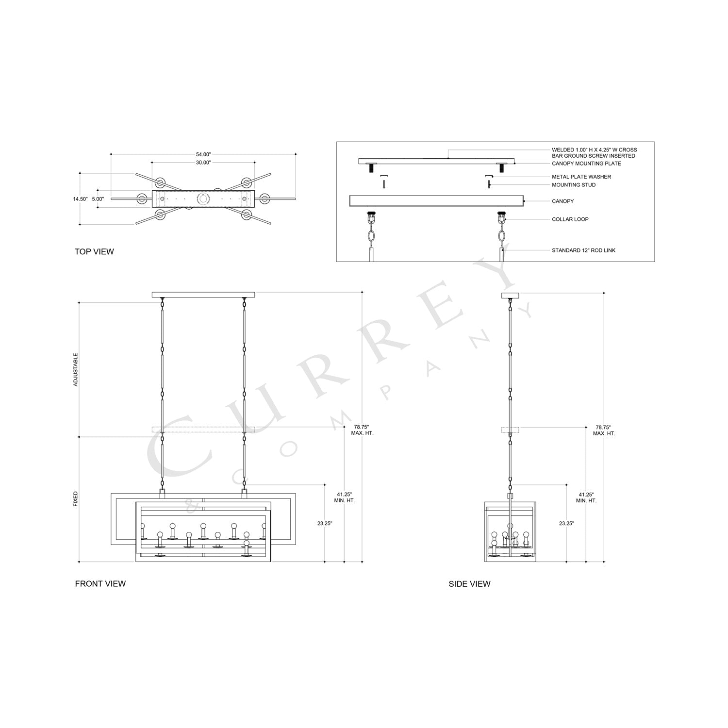 Middleton Rectangular Chandelier - line drawing.