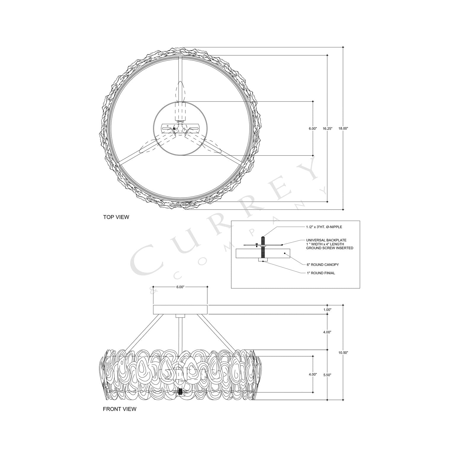 Oyster Semi Flush Mount Ceiling Light - line drawing.
