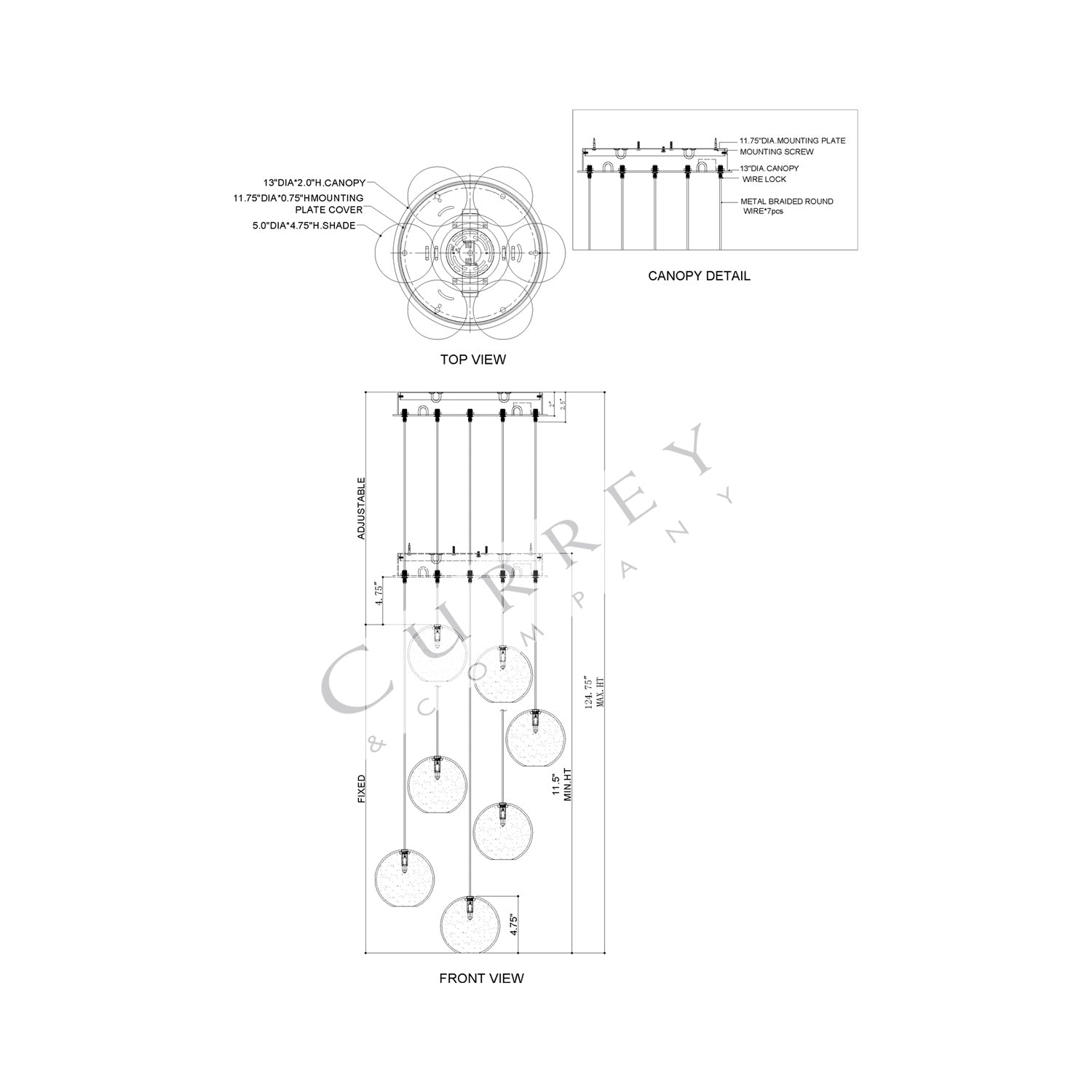 Palatino Multi Pendant Light - line drawing.
