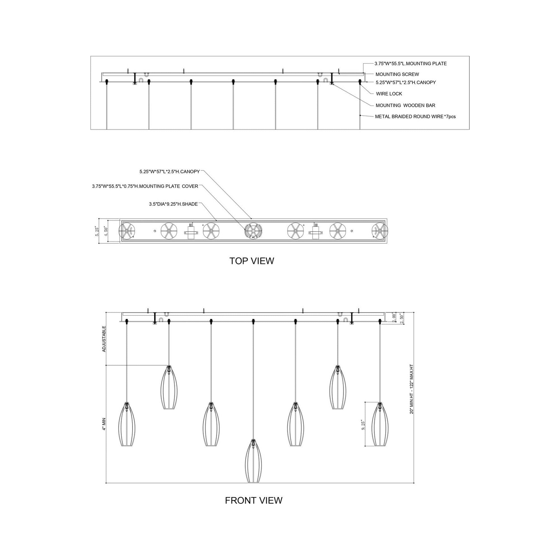 Parish Rectangular Multi Light Pendant Light - line drawing.
