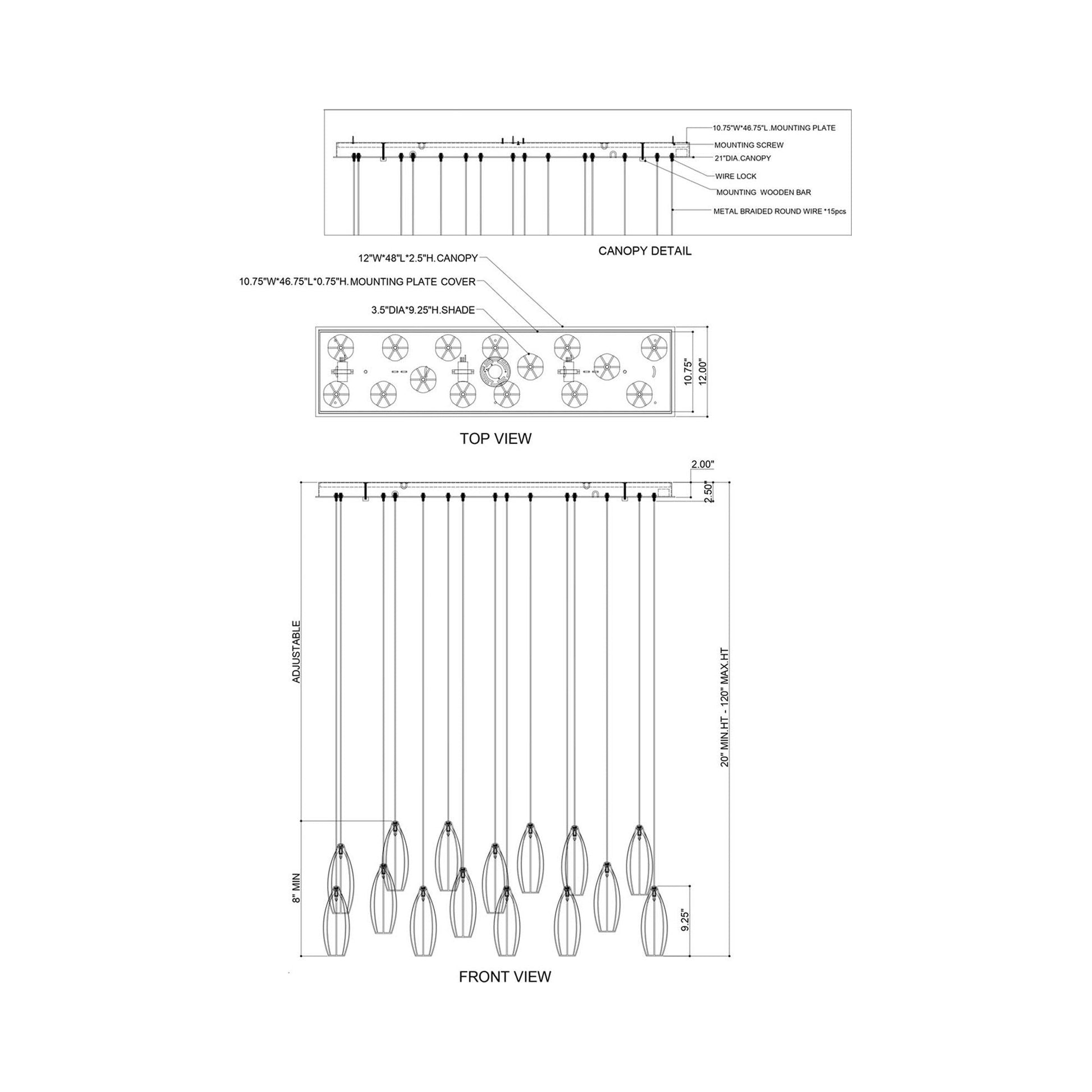 Parish Rectangular Multi Light Pendant Light - line drawing.