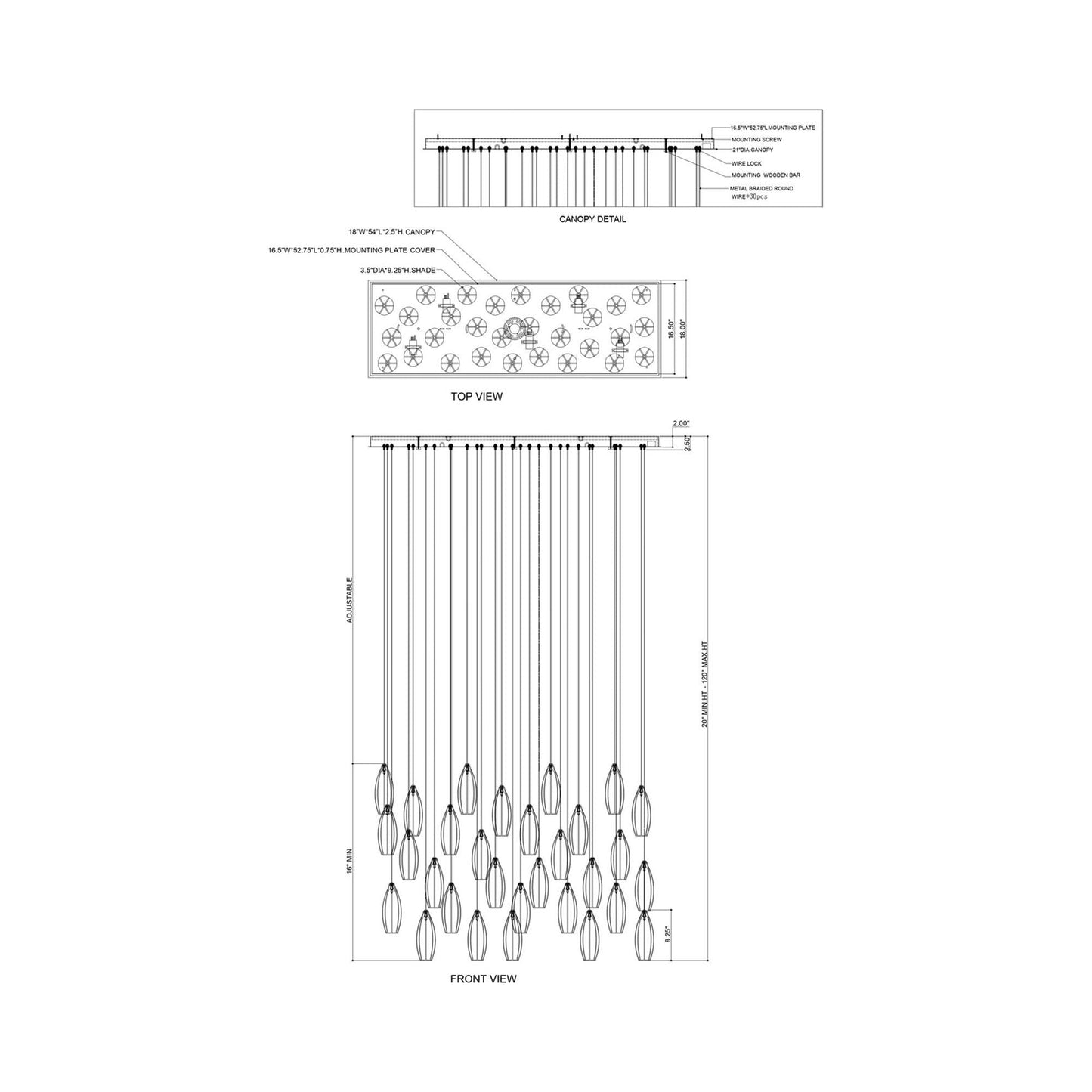 Parish Rectangular Multi Light Pendant Light - line drawing.