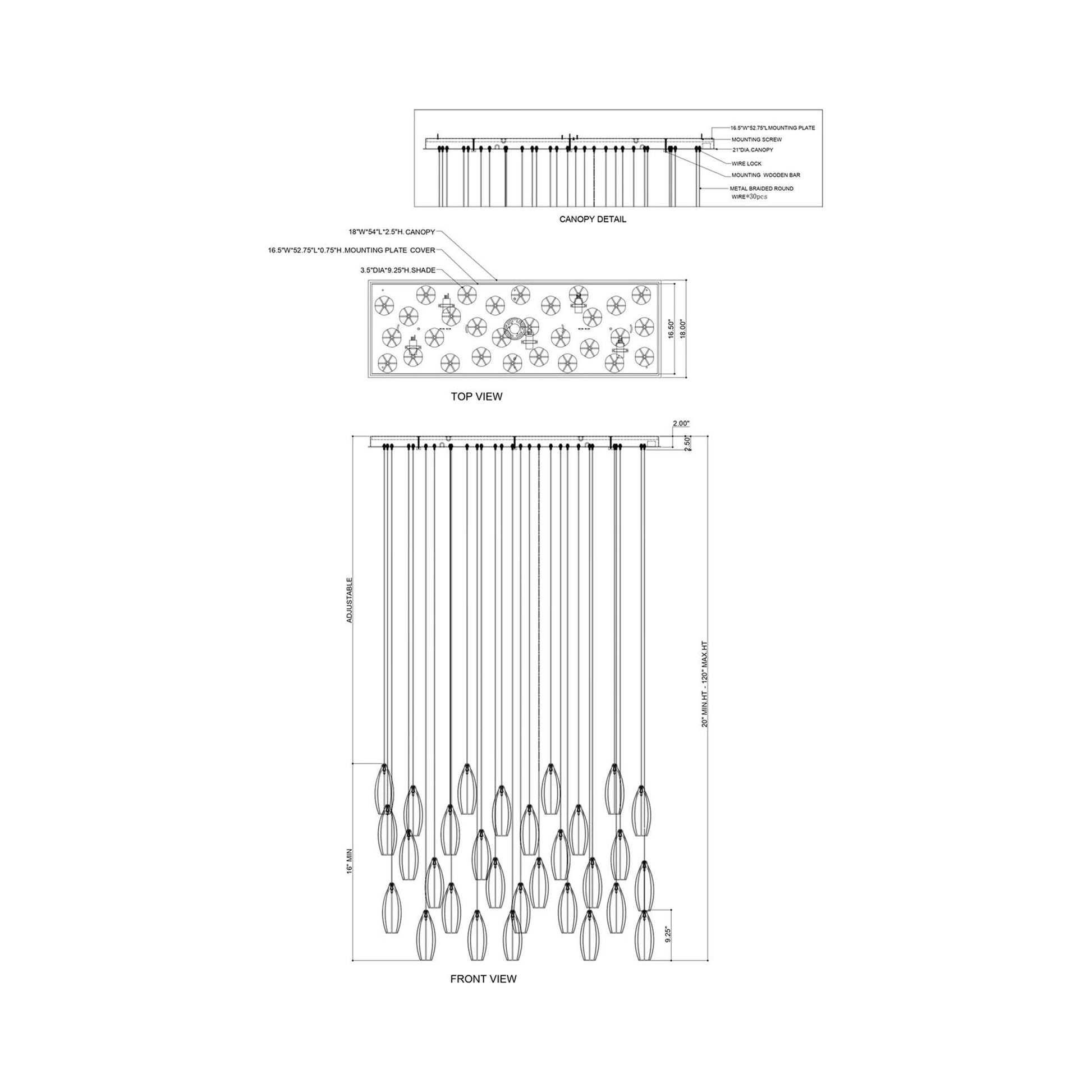 Parish Rectangular Multi Light Pendant Light - line drawing.