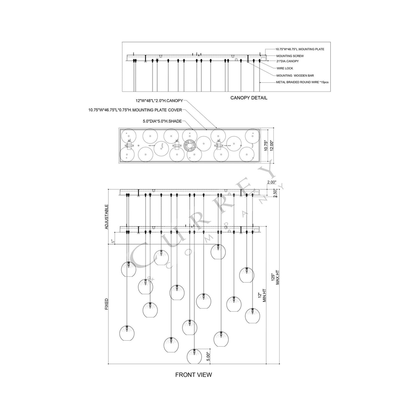Pathos Linear Multi Pendant Light - line drawing.