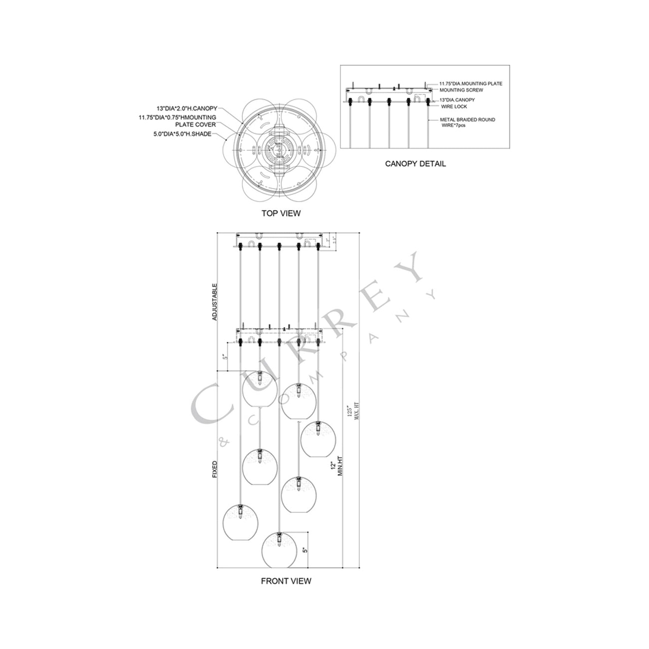 Pathos Multi Pendant Light - line drawing.