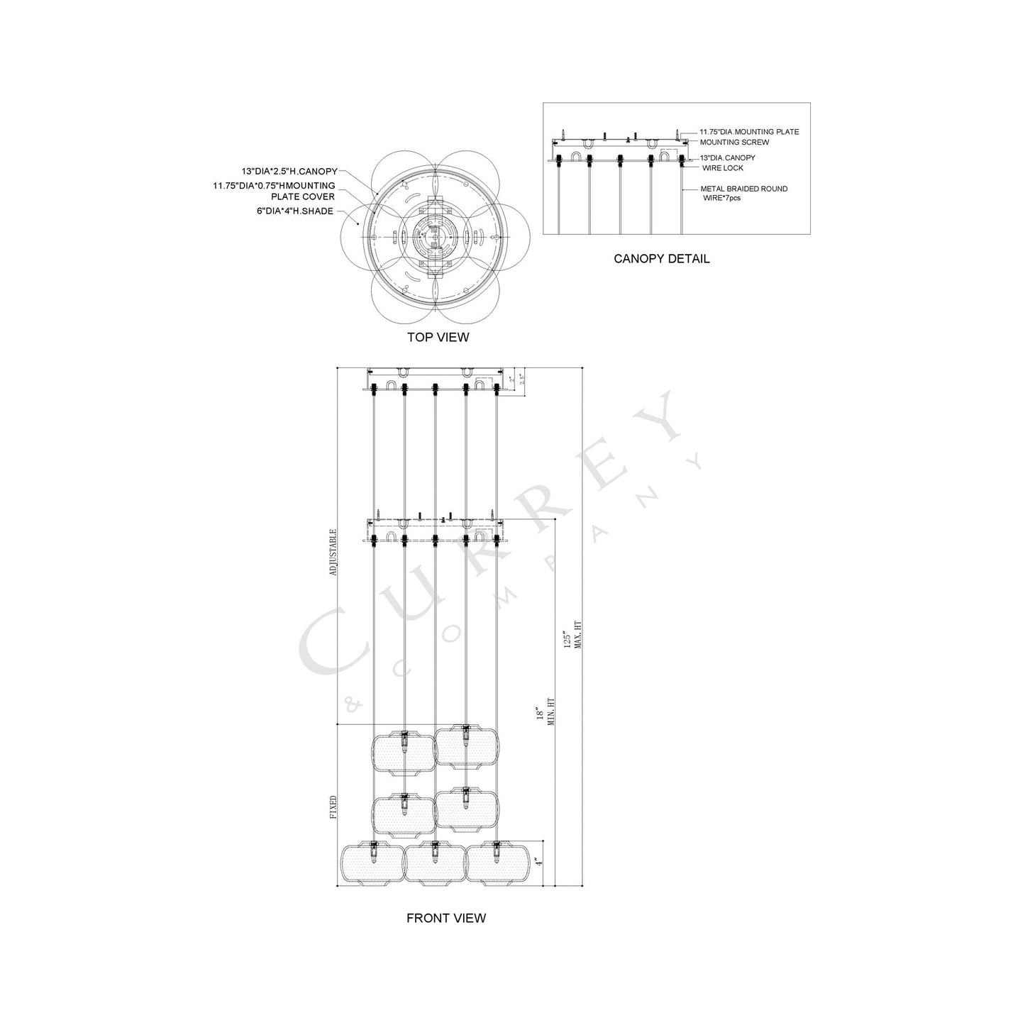 Pepper Multi Pendant Light - line drawing.