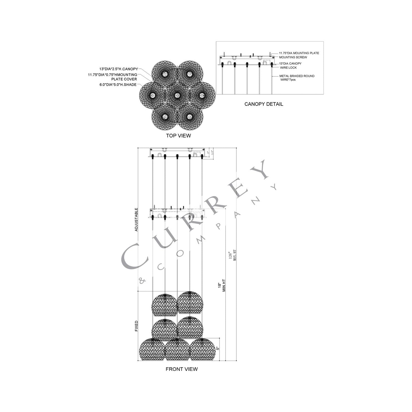 Piero Multi Pendant Light - line drawing.