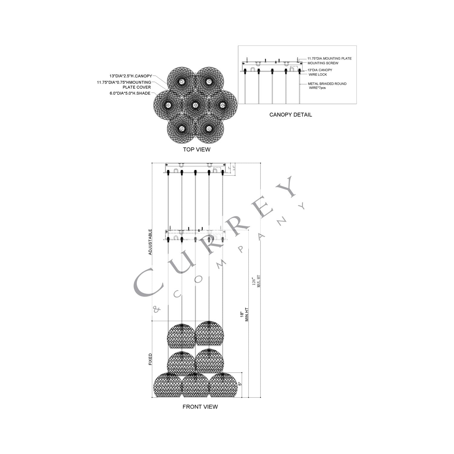 Piero Multi Pendant Light - line drawing.