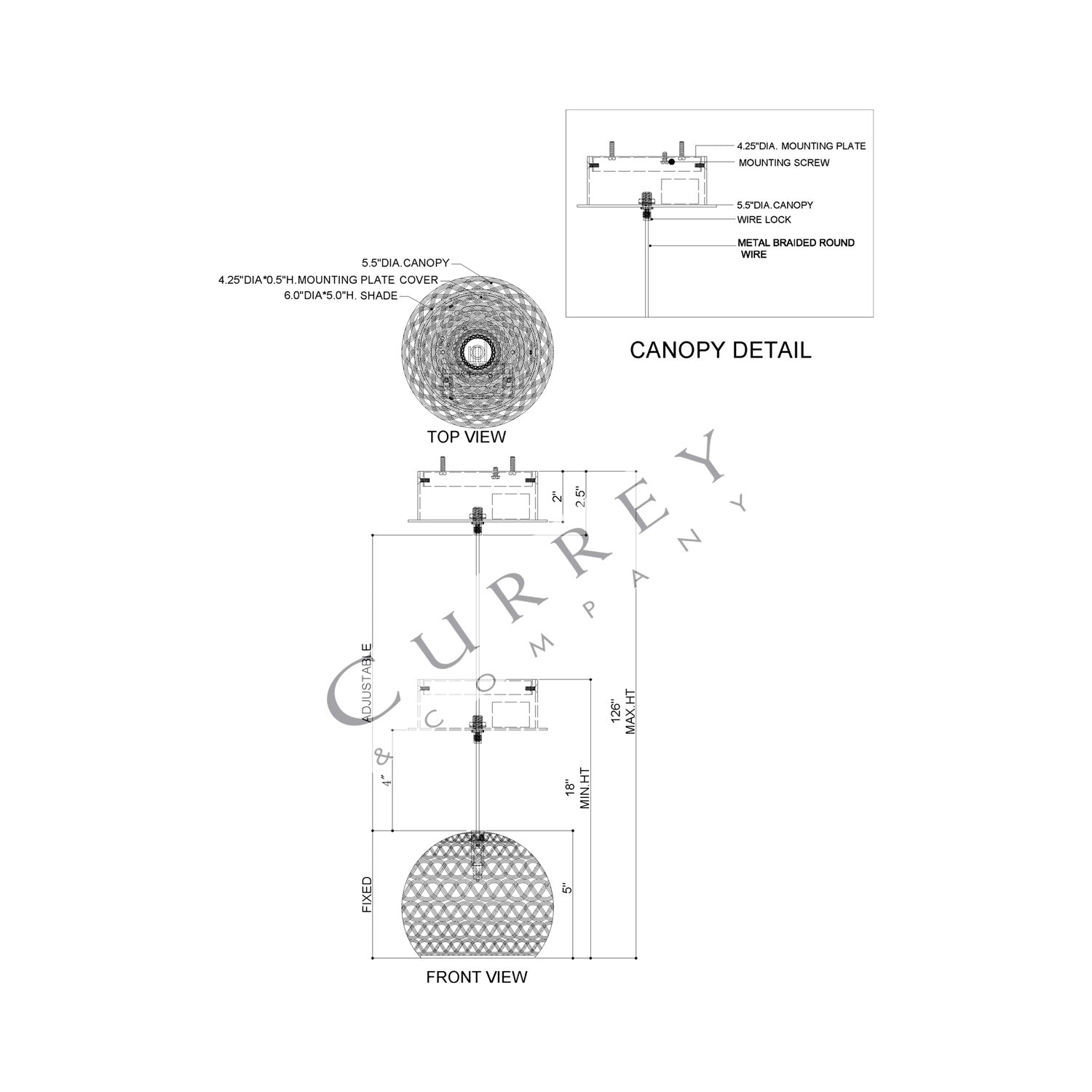 Piero Round Pendant Light - line drawing.