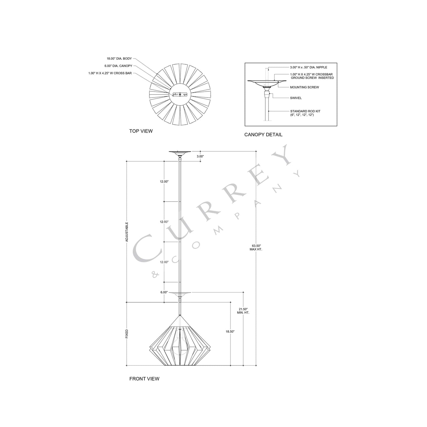Plunge Pendant Light - line drawing.
