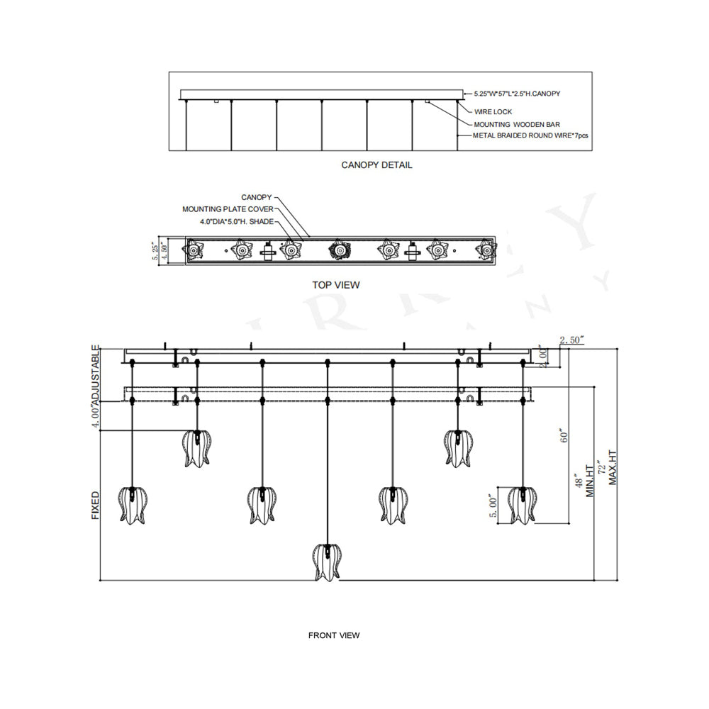 Polpo Linear Pendant Light - line drawing.