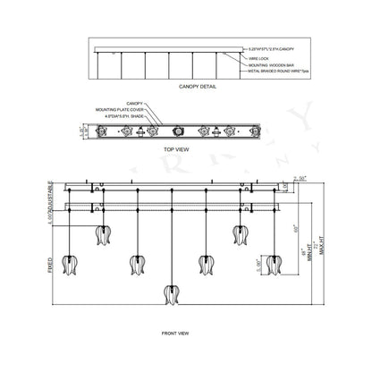 Polpo Linear Pendant Light - line drawing.