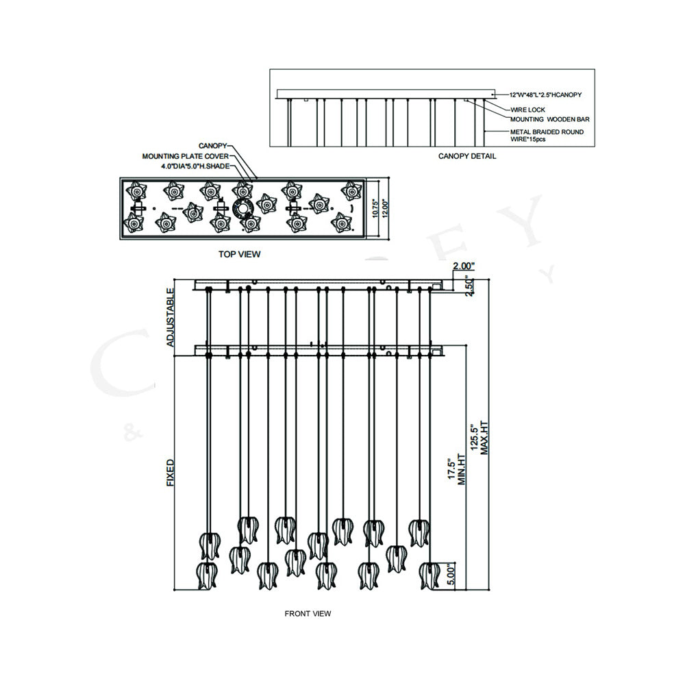 Polpo Linear Pendant Light - line drawing.