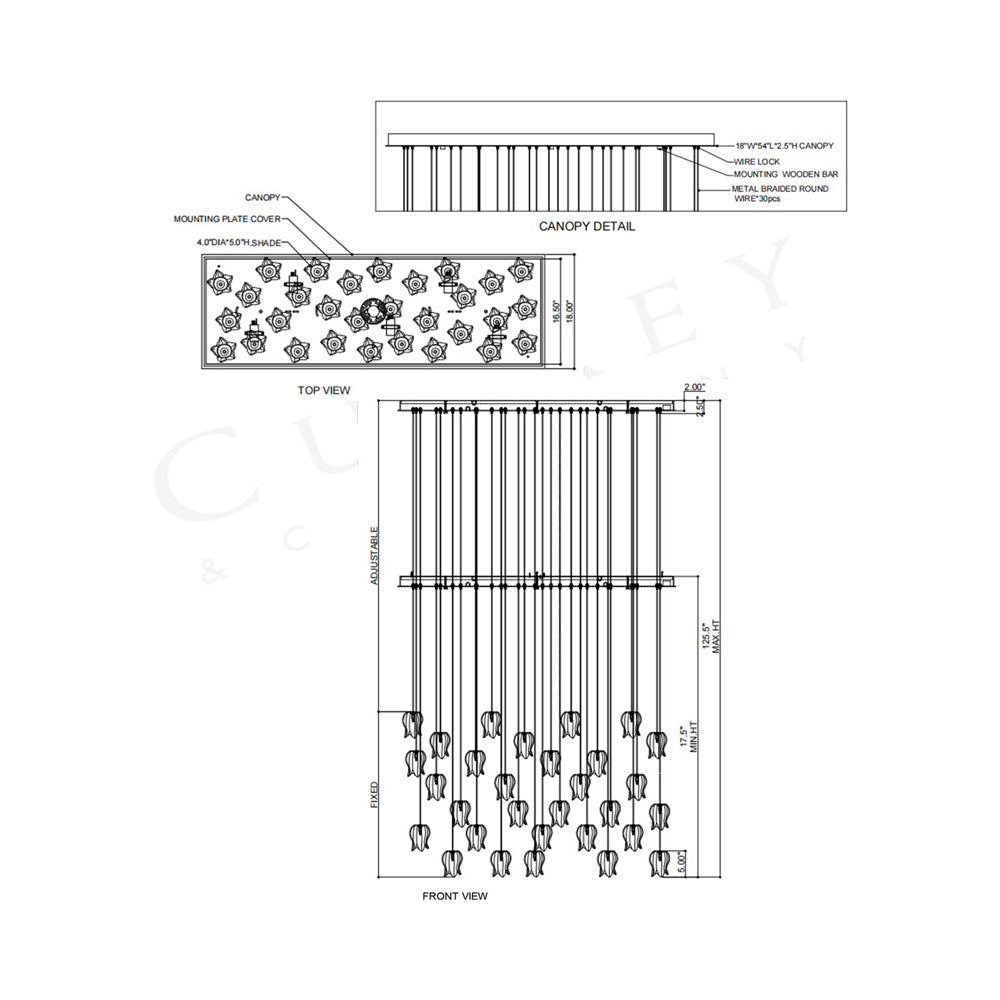 Polpo Linear Pendant Light - line drawing.
