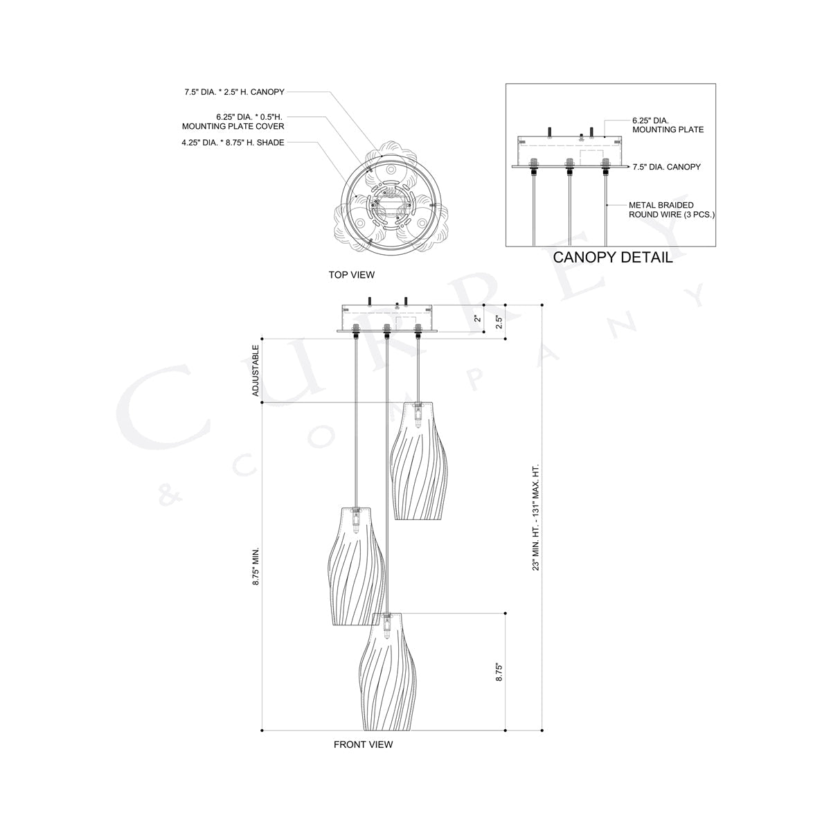 Posh Round Pendant Light - line drawing.