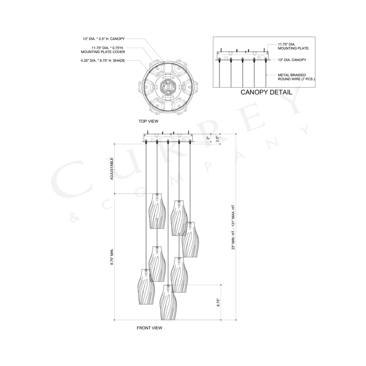 Posh Round Pendant Light - line drawing.