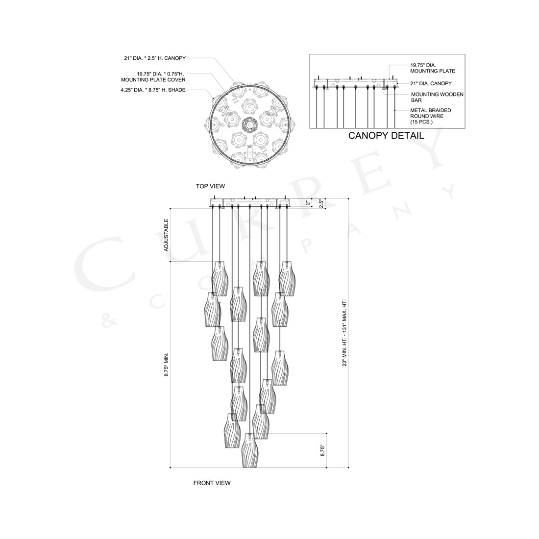 Posh Round Pendant Light - line drawing.