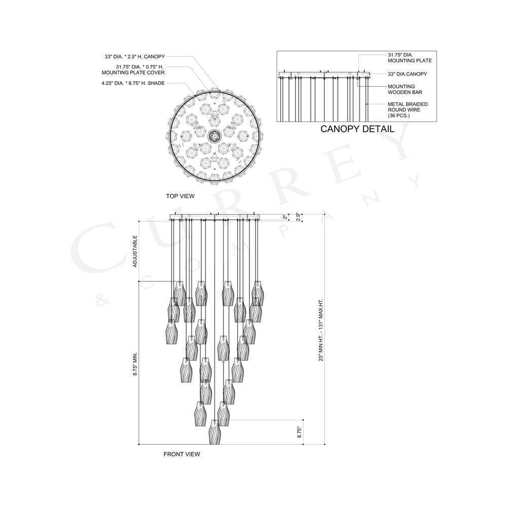 Posh Round Pendant Light - line drawing.