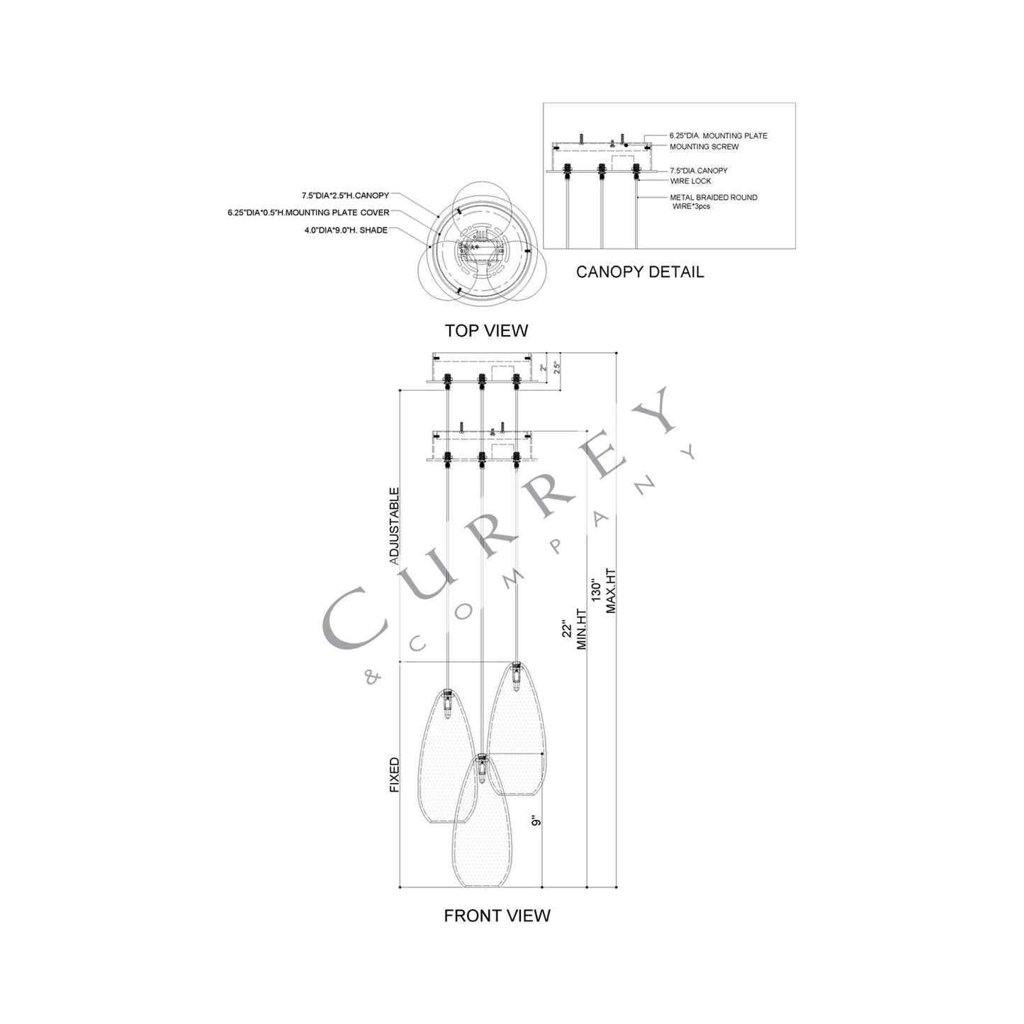 Rame Multi Pendant Light - line drawing.