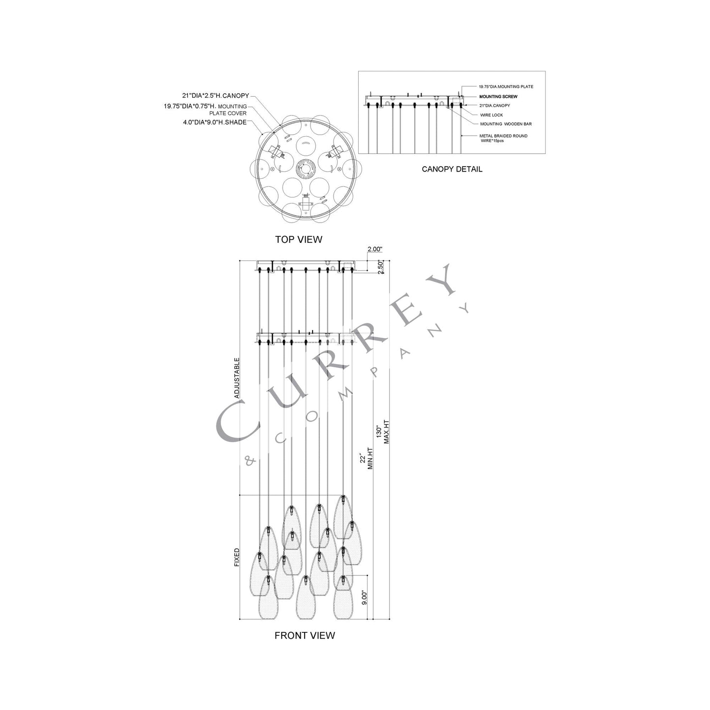 Rame Multi Pendant Light - line drawing.
